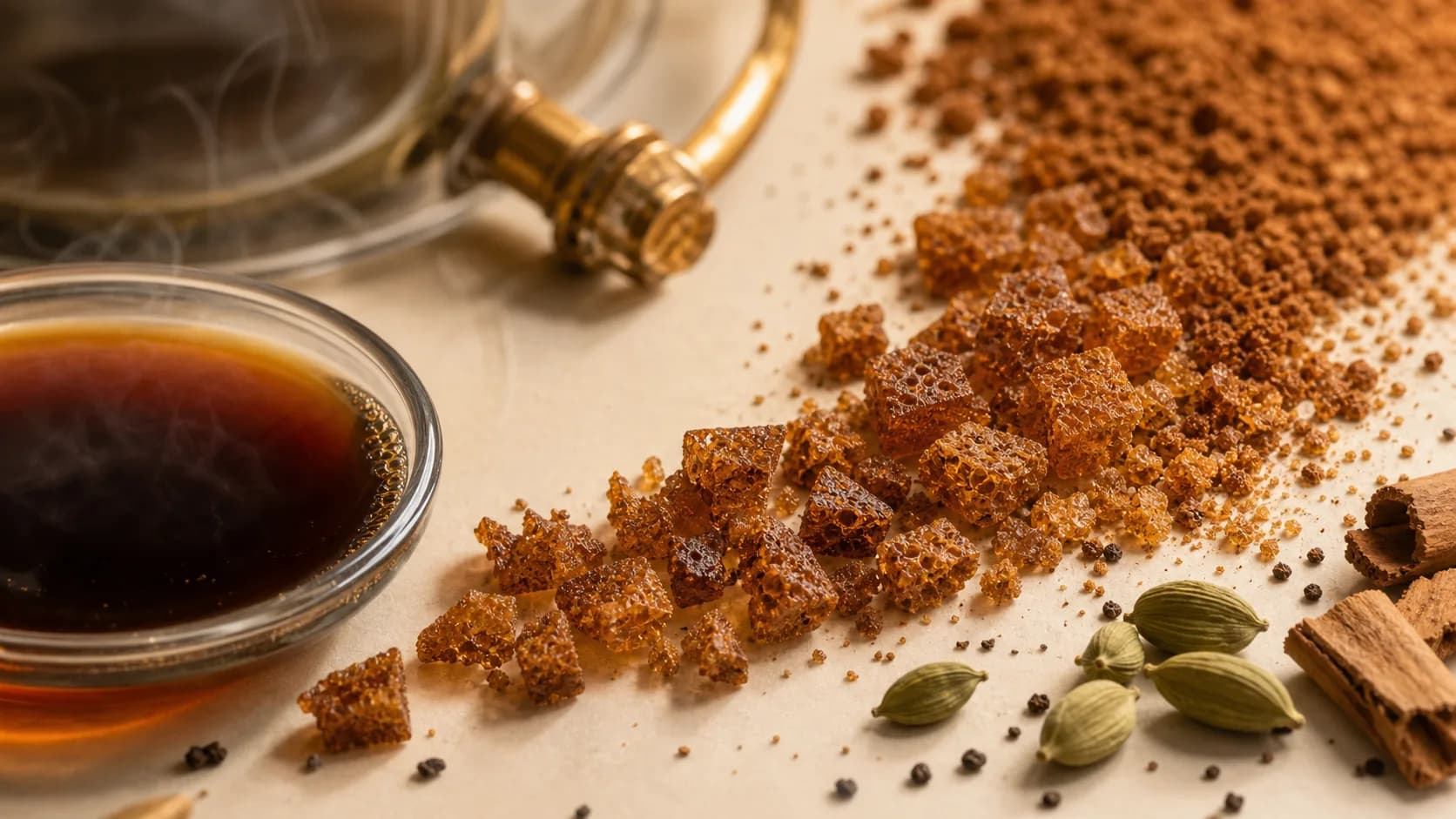 Brewed chai concentrate with amber freeze-dried crystals and spices