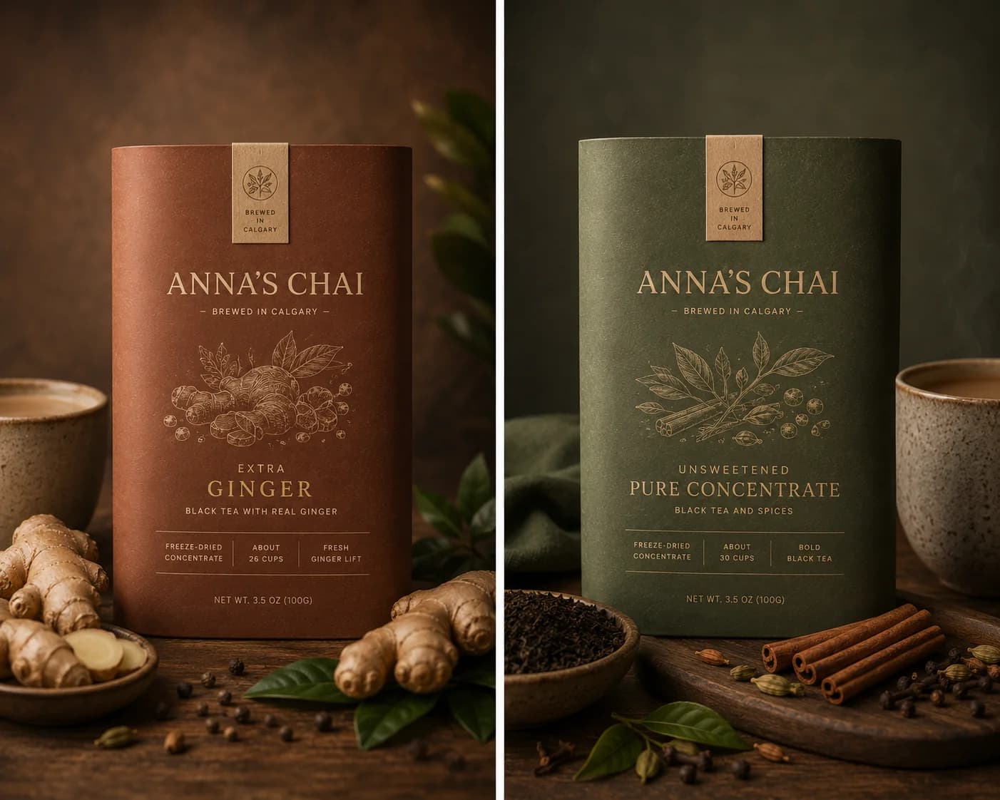 Anna's Chai Extra Ginger and Unsweetened Pure Concentrate packages with cups of chai and whole spices